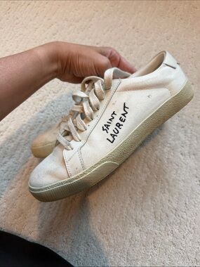 Saint Laurent Off-White Canvas Low-Top Sneakers with Black Logo
